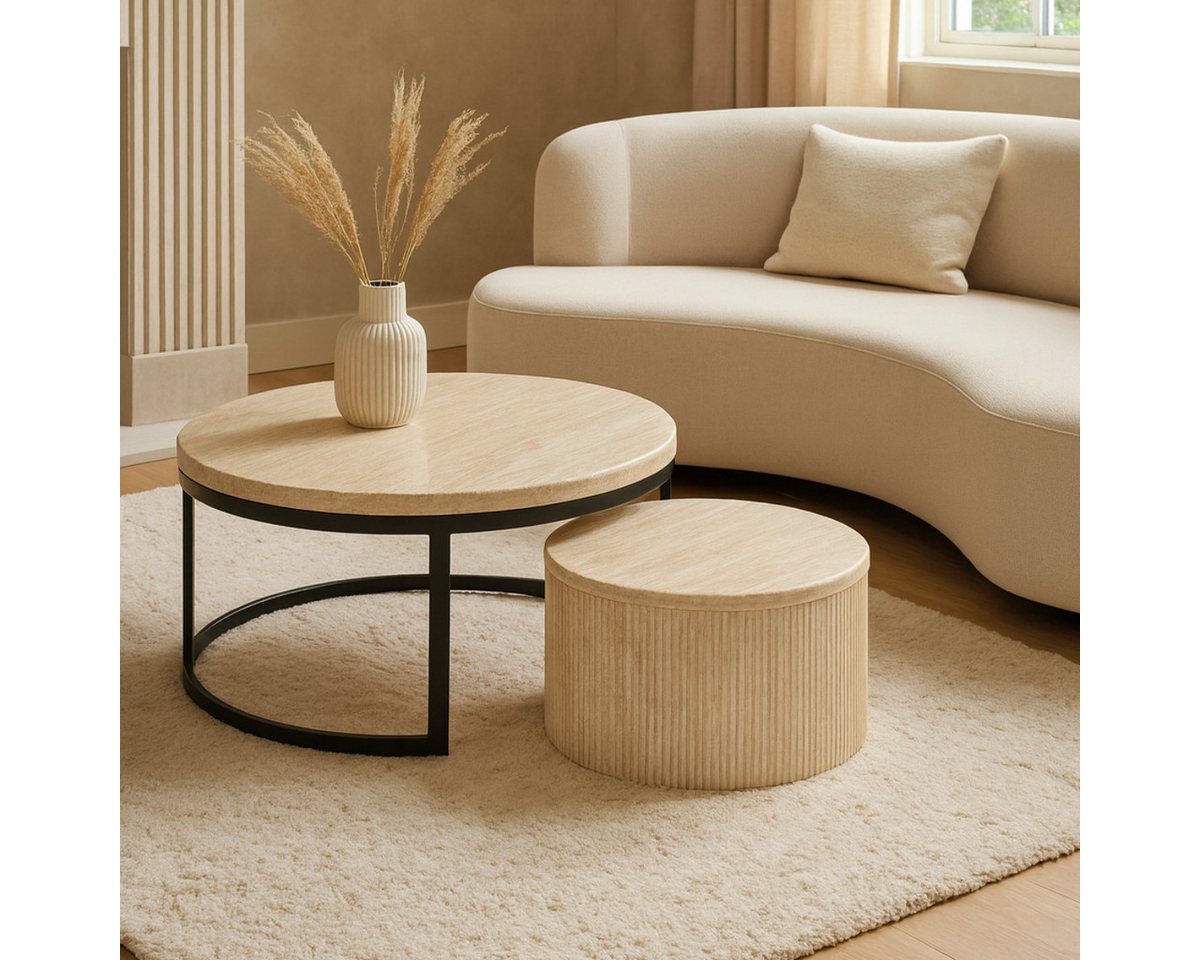 alesvelt Couchtisch Montano Travertin Tischplatte massiv MDF Beine im Säulenstil (2-er Set), Travertin Tischplatten, Ø80X45 + Ø60X35 CM von alesvelt