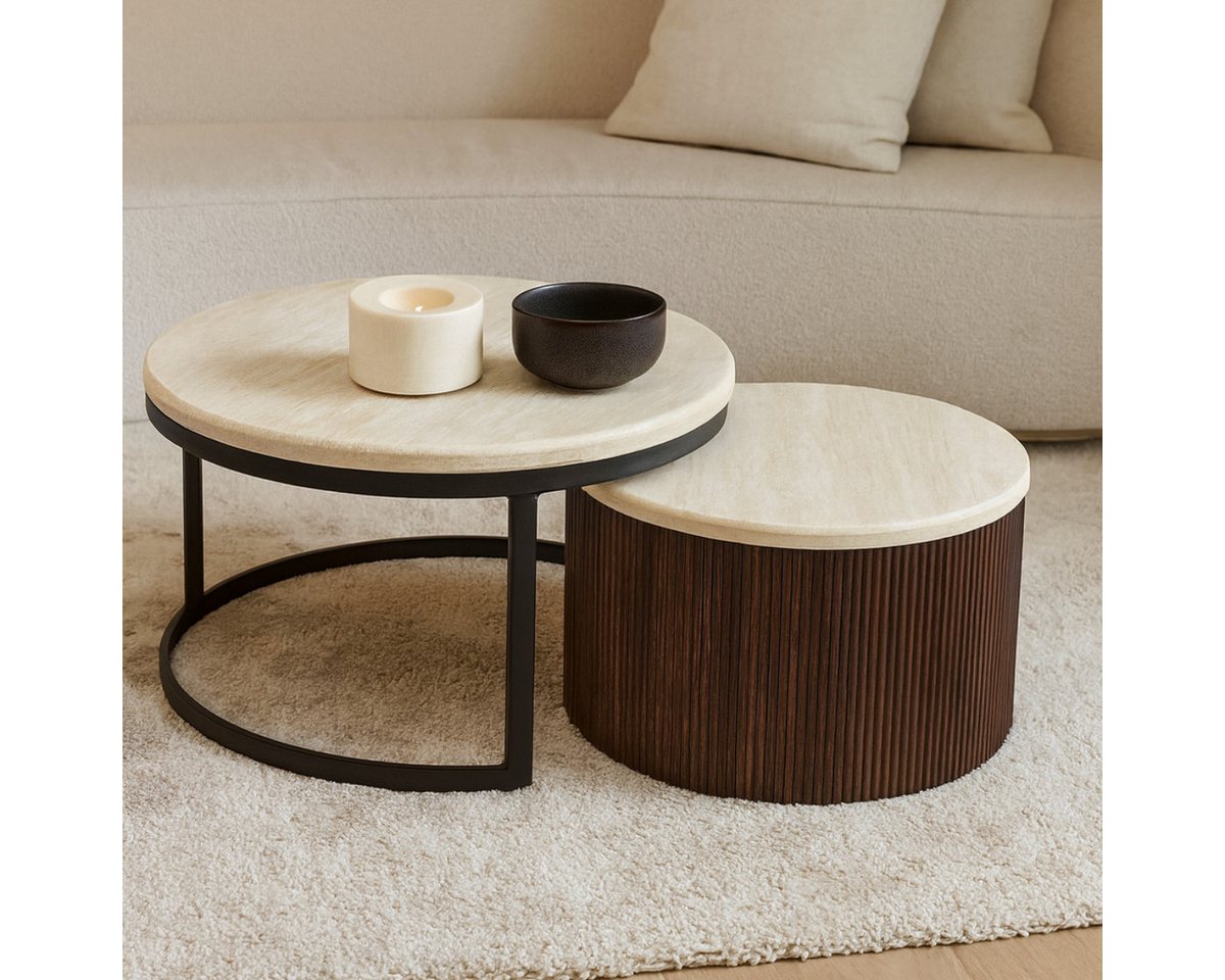 alesvelt Couchtisch Manzano Travertin Tischplatte massiv MDF Beine im Säulenstil (2-er Set), Travertin Tischplatten, Ø80X45 + Ø60X35 CM von alesvelt