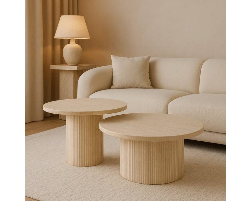 alesvelt Couchtisch Trivento Travertin Tischplatte 2er-Set im edlen Säulenstil 80x38cm (2-er Set), Ø80X38 CM + Ø60X43 CM von alesvelt
