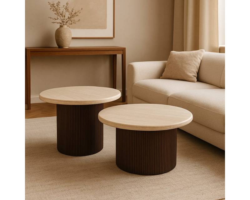 alesvelt Couchtisch Trivento Travertin Tischplatte 2er-Set im edlen Säulenstil 80x38cm (2-er Set), Ø80X38 CM + Ø60X43 CM von alesvelt