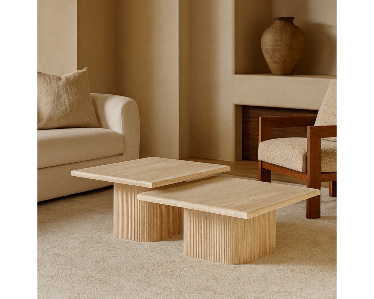 alesvelt Couchtisch Set Alviano Travertin Tischplatten mit edlem Sockel im Säulenstil 90cm (2-er Set), 90X90X38 CM + 70X70X45 CM von alesvelt