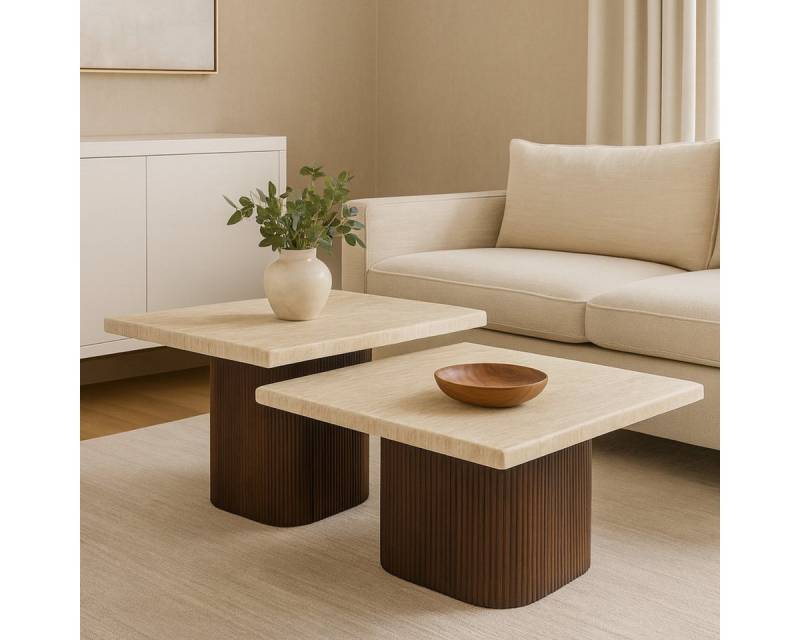 alesvelt Couchtisch Set Alviano Travertin Tischplatten mit edlem Sockel im Säulenstil 90cm (2-er Set), 90X90X38 CM + 70X70X45 CM von alesvelt