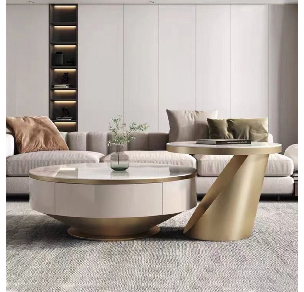 alesvelt Couchtisch edler Beistelltisch weiße Marmor Design 2er Set 90cm Wohnzimmertisch (2er Set), 90cm große Ablagefläche mit Schubladen von alesvelt