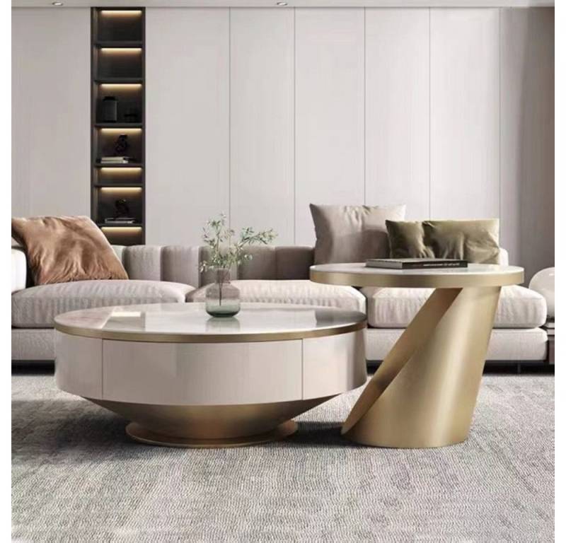 alesvelt Couchtisch edler Beistelltisch weiße Marmor Design 2er Set 90cm Wohnzimmertisch (2er Set), 90cm große Ablagefläche mit Schubladen von alesvelt