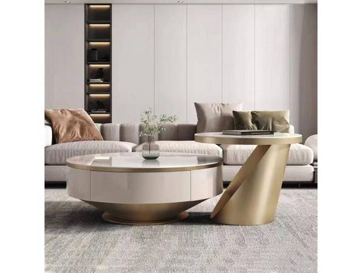 alesvelt Couchtisch edler Beistelltisch weiße Marmor Design 2er Set 90cm Wohnzimmertisch (2er Set), 90cm große Ablagefläche mit Schubladen, goldfarben von alesvelt