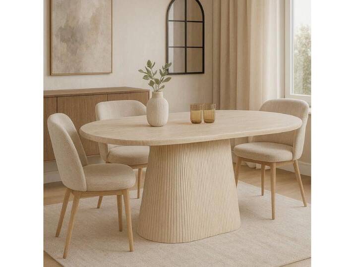 alesvelt Esstisch Dervio massiver Travertin Tisch mit Tischbein im Säulenstil 200cm (1-Tisch), 200 x 100 x 75 cm, beige, beige von alesvelt