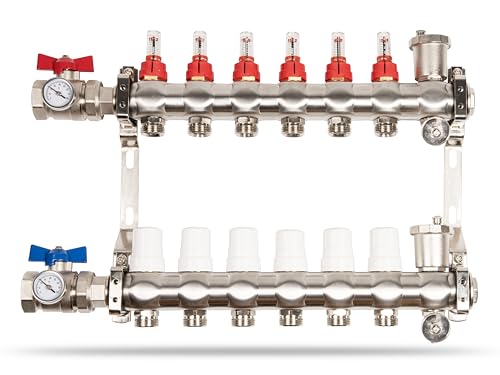 Heizkreisverteiler inkl. 1" Kugelhähne | 6 Heizkreise - Fußbodenheizung mit automatischen Entlüftern & Durchflussmessern von alex-depot