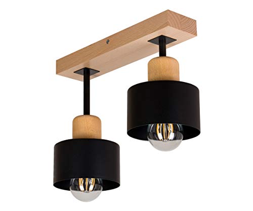 alfalux Deckenlampe Mit 2 Lampenschirmen LED Holz-Deckenleuchte Leuchte Lampe Wohnzimmerlampe Schlafzimmerlampe Holz Kinderzimmer Wohnzimmer Schlafzimmer Küche Deckenleuchten SC30x7BU (Schwarz) von alfalux