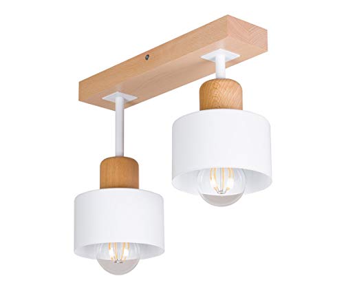 alfalux Deckenlampe Mit 2 Lampenschirmen LED Holz-Deckenleuchte Leuchte Lampe Wohnzimmerlampe Schlafzimmerlampe Holz Kinderzimmer Wohnzimmer Schlafzimmer Küche Deckenleuchten WE30x7BU (Weiß) von alfalux