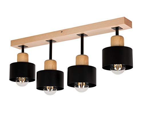 alfalux Deckenlampe Mit 4 Lampenschirmen LED Holz-Metall-Deckenleuchte Leuchte Lampe Wohnzimmerlampe Schlafzimmerlampe Kinderzimmer Wohnzimmer Schlafzimmer Deckenleuchten SC60x7BU (Schwarz) von alfalux