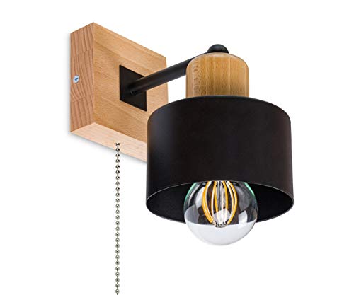 alfalux Wandleuchte Innen Wandlampe Mit Schnur-Zugschalter LED Lampe Aus Holz Für Wohnzimmer Schlafzimmer Kinderzimmer Treppenhaus Wandlampen Wandleuchten SHWAND-SC10x10BU Schwarz von alfalux