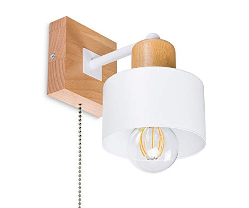 alfalux Wandleuchte Innen Wandlampe Mit Schnur-Zugschalter LED Lampe Aus Holz Für Wohnzimmer Schlafzimmer Kinderzimmer Treppenhaus Wandlampen Wandleuchten SHWAND-WE10x10BU Weiß von alfalux