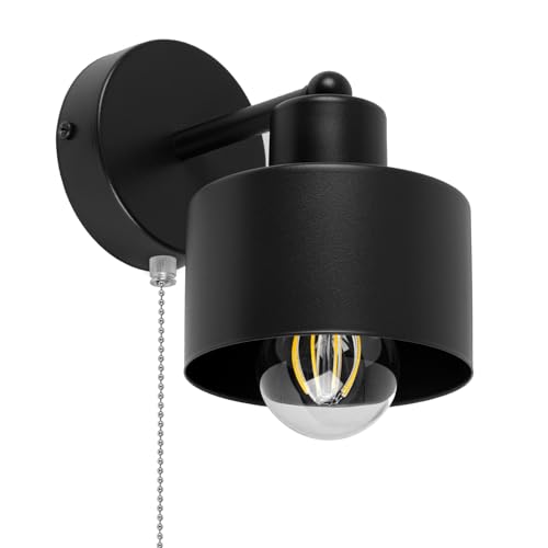 alfalux Wandleuchte Innen Wandlampe Mit Schnur-Zugschalter LED Lampe Aus Metall Für Wohnzimmer Schlafzimmer Kinderzimmer Treppenhaus Wandlampen Wandleuchten SHWAND-OST1010SC Schwarz mit Zugschalter von alfalux