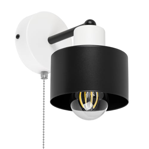 alfalux Wandleuchte Innen Wandlampe Mit Schnur-Zugschalter LED Lampe Aus Metall Für Wohnzimmer Schlafzimmer Kinderzimmer Treppenhaus Wandlampen Wandleuchten SHWAND-OST1010WE Weiß/Schwarz von alfalux