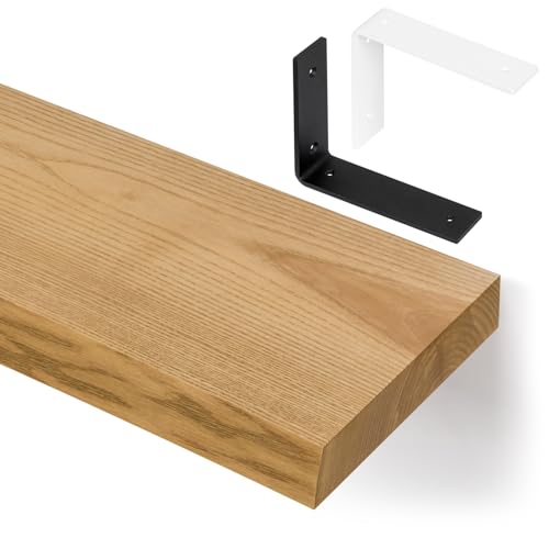 alfalux Wandregal Aus Holz Hängeregal Schweberegal Industrie Loft Design Eschenholz Robust Tragkraft 100 kg Regalbrett Mit L Förmigen Befestigung B100x20-Eiche-LWE Eiche von alfalux