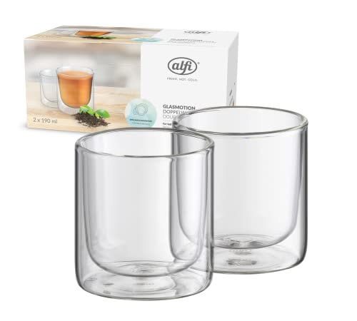 alfi GLASSMOTION 190ml, Thermogläser aus Borosilikat, 2er Set, hitzebeständige Kaffeegläser, Teegläser, Kaffeegläser doppelwandig, Doppelwandglas mit Schwebe-Effekt, spülmaschinenfest, BPA-frei von alfi