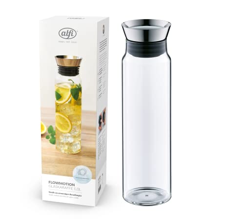 alfi FLOWMOTION 1l, Wasserkaraffe aus Borosilikatglas, automatisches Ausgießen, integrierter Sieb, zerlegbarer Deckel, spülmaschinenfest, Karaffe Glas, ideal als Wasserkrug, Eistee Krug, BPA-frei von alfi