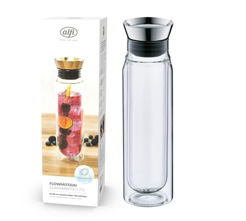 alfi FLOWMOTION 0,75l, doppelwandige Thermo-Glaskaraffe aus Borosilikatglas, hält 6 h kalt, 360° Ausgießen, schlanke Form, passt in Kühlschranktür, spülmaschinenfest, BPA-frei von alfi