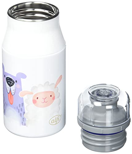 alfi Kindertrinkflasche elementBottle 400ml Tiere weiß, Edelstahlflasche auslaufsicher, dicht bei Kohlensäure, 5357.201.040 BPA Frei, Flasche für Kinder, Trinkflasche für Kindergarten, Apfelschorle von alfi