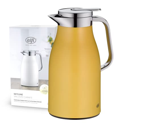 alfi SKYLINE 1,0l, spicy mustard mat, Edelstahl-Isolierkanne mit hygienischem Hartglaseinsatz, Drehverschluss mit bequemer Drucktaste, ergonomischer Griff, mit einer Hand, ideal als Kaffeekanne von alfi