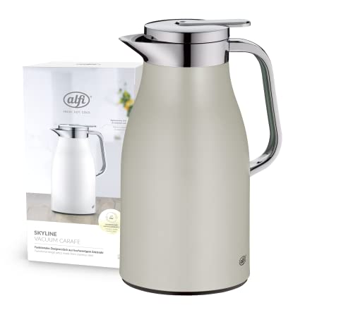 alfi SKYLINE 1,0l, silver lining, Edelstahl-Isolierkanne mit hygienischem Hartglaseinsatz, Drehverschluss mit bequemer Drucktaste, ergonomischer Griff, ideal als Kaffeekanne, Teekanne von alfi