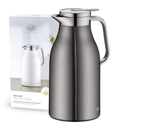 alfi SKYLINE 1,5l, cool grey, Edelstahl-Isolierkanne mit hygienischem Hartglaseinsatz, Drehverschluss mit bequemer Drucktaste, ergonomischer Griff, mit einer Hand, ideal als Kaffeekanne, Teekanne von alfi