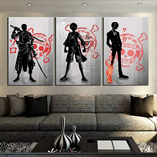 alicefen 3 Stück Schwarz Weiß Wandmalerei One Piece Anime Poster Ruffy Zoro Sanji Cartoon Bild Leinwand Gemälde Für Wohnkultur 50x70 cm (kein Rahmen) von alicefen