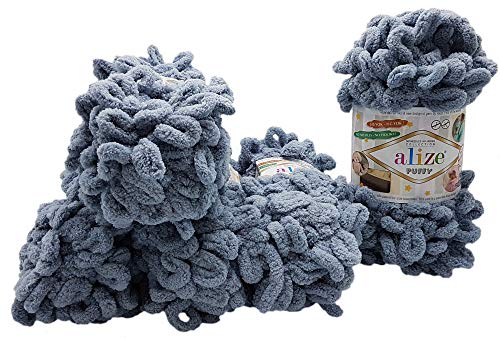 5 x 100 Gramm Strickwolle Alize Puffy, 500 Gramm Fingerstrick - Wolle super bulky, Schlaufenwolle, Stricken ohne Nadel (grau 428) von alize