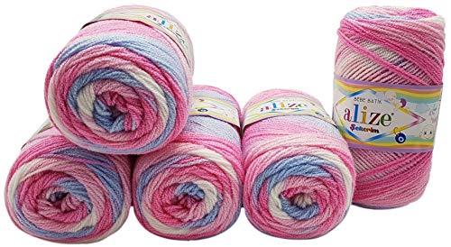5 x 100g Babywolle Bebe Batik mehrfarbig, 500 Gramm Wolle zum Stricken und Häkeln (blau rosa weiß 7253) von alize