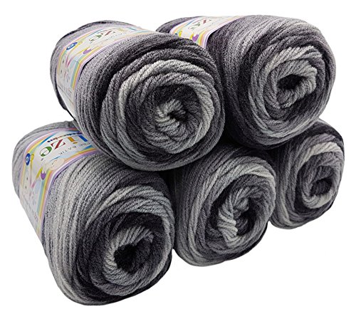 5 x 100g Babywolle Bebe Batik mehrfarbig, 500 Gramm Wolle zum Stricken und Häkeln (schwarz grau 2881) von alize