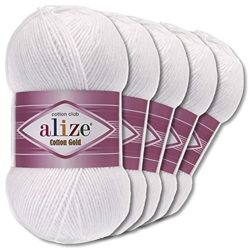 Alize 5 x 100 g Cotton Gold Premium Wolle| 39 Farben Sommerwolle Garn Stricken Amigurumi (55 | Weiß) von alize