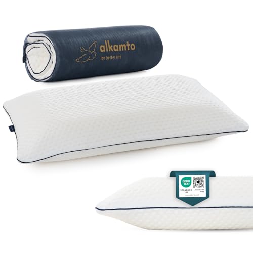 alkamto Memory Foam Kopfkissen 70x45 cm – Ergonomisches Nackenstützkissen – Oeko-Tex Zertifiziert – Thermoregulierender Bezug – Hypoallergen & Waschbar – Für Rücken- & Seitenschläfer von alkamto