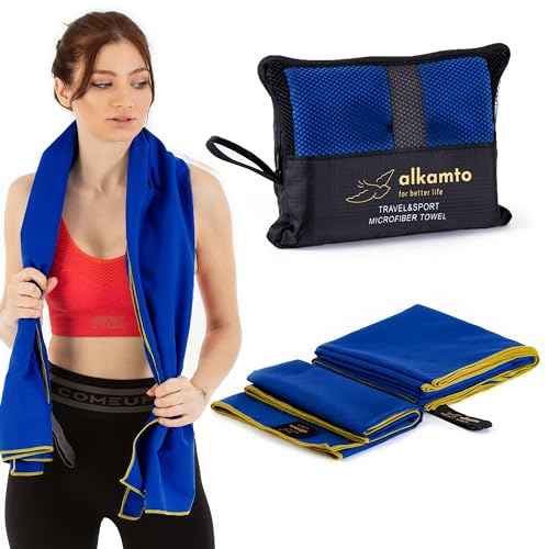 alkamto Reisehandtuch in 2 Größen auf 1 Packung, Mikrofaser-Handtuch, perfekt für Reisen & Sport & Strand & Yoga. Schnell trocknend, super saugfähig, geeignet für Camping, Schwimmen, Yoga (Navy blau) von alkamto