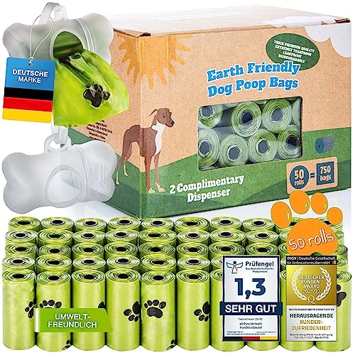 BI0 Hundekotbeutel mit Spender Kompostierbare Kotbeutel für Hunde mit Hundekotbeutelspender 100% Biologisch abbaubare Hundebeutel mit Leinen Halter (750 Beutel: 50 Rollen + 2 Spender) von all Pets United