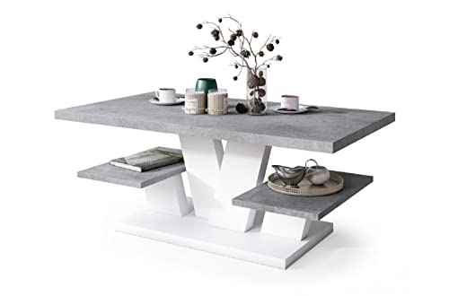 Couchtisch Kaffeetisch Wohnzimmertisch Valerio 110x60 cm mit Ablagen Beton Weiß Braun Sonoma Wotan Matt Hochglanz Modern 05 (Beton + Weiß) von All4All