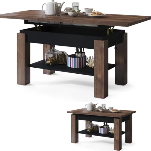 All4All Couchtisch Astra - Kaffeetisch - Wohnzimmertisch – Sofatisch mit Ablage - höhenverstellbar - kompakte Größe - Sofatisch - 110x68cm - 05 - BRAUNE Eiche + SCHWARZ von All4All