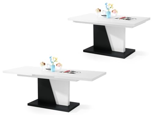 All4All Couchtisch Noel - Kaffeetisch - Wohnzimmertisch – Sofatisch mit Ablagen - Esstisch mit Einlegeplatte - ausklappbar - 120x70cm - 05 - Weiß + Schwarz von All4All