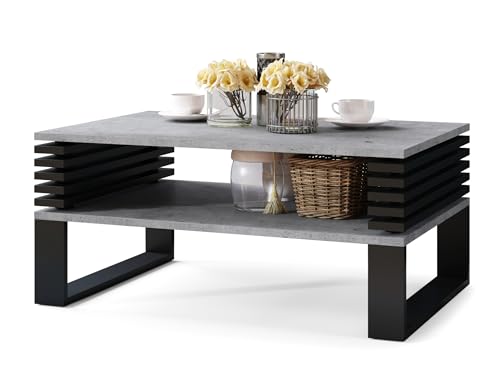 All4All Kleiner Couchtisch Goki - Kaffeetisch - Wohnzimmertisch – Loft Stil - Kleiner Tisch - mit Lamellen - kompakte Größe - 90x60cm - 05 - Beton Millenium + Schwarz von All4All