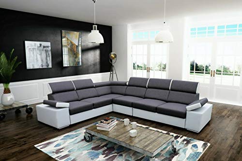 All4All Ecksofa mit Schlaffunktion Ariva - Sofa mit Bettkasten - Schlafsofa - 334 cm x 264 cm - Wohnlandschaft L-Form - verstellbare Kopfstützen - Grau/Weiß - Gewebe mit Kunstleder - Rechte Seite 19 von All4All