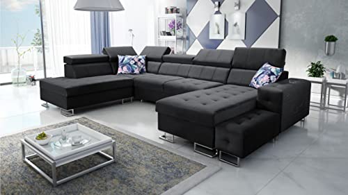 All4All Ecksofa mit Schlaffunktion Hugo VI XXL Big Sofa Wohnlandschaft U-Form mit Bettkasten Gewebe Gesteppt Seite Links rechts Grau Modern Groß 26 (Magic Velvet 2219, Seite rechts) von All4All