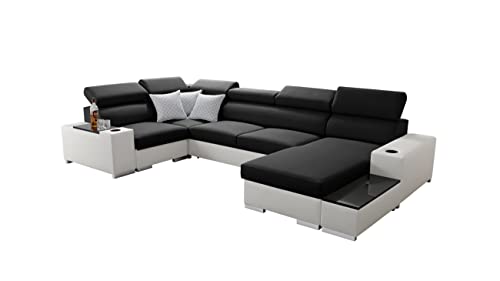 All4All Ecksofa mit Schlaffunktion Porte Wohnlandschaft U-Form Sofa mit Bettkasten XXL Sofa Schwarz Grau Blau Links Rechts Groß XXL Gewebe Kunstleder mit Dekokissen 26 (RECHTS, Sawana 14 + Ekj 1) von All4All