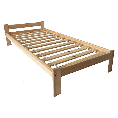 Holzbett Einzelbett 90x200 Bett Natur Massive Füße Einzelbett Bettgestell mit Lattenrost/Rollrost von Holzbett