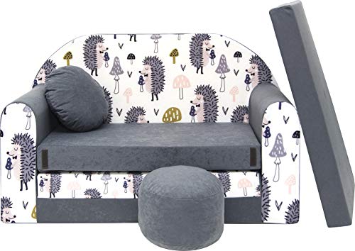 All4All Kindersofa Schlafsofa 3in1 Velo Spielsofa für Kinder Sofa zum Aufklappen Funzy Kindercouch mit Schlaffunktion Verschiedene Muster Grau Rosa Grün Tiermuster Bequem (AX1 Grau + Igel) von All4All