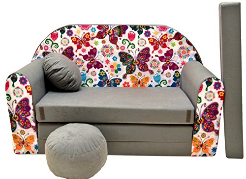 All4All Kindersofa - Klappsofa - Schlafsofa 3in1 - Velo - Spielsofa für Kinder - Sofa zum Aufklappen - mit Pouf - faltbar - zum Schlafen – Schaumstoff Sofa (A33 Grau + Schmetterling) von All4All
