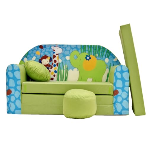 All4All Kindersofa Schlafsofa 3in1 Velo Spielsofa für Kinder Sofa zum Aufklappen Funzy Kindercouch mit Schlaffunktion Verschiedene Muster Grau Rosa Grün Tiermuster Bequem (Z16 Grün/Blau) von All4All