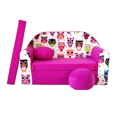 All4All Kindersofa Schlafsofa 3in1 Velo Spielsofa für Kinder Sofa zum Aufklappen Funzy Kindercouch mit Schlaffunktion Verschiedene Muster Grau Rosa Grün Tiermuster Bequem (H17 Rosa + Eule) von All4All