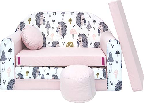 All4All Kindersofa Schlafsofa 3in1 Velo Spielsofa für Kinder Sofa zum Aufklappen Funzy Kindercouch mit Schlaffunktion Verschiedene Muster Grau Rosa Grün Tiermuster Bequem (HX1 Rosa + Igel) von All4All