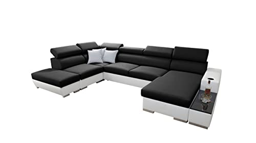 All4All Ecksofa mit Schlaffunktion Picanto 358 cm x 227 cm - Wohnlandschaft U-Form - Sofa mit Bettkasten - XXL Sofa - Groß - Gewebe mit Kunstleder - Rechte Seite - Schwarz/Weiß - Modern 26 von All4All