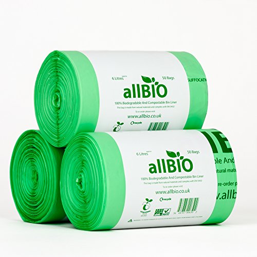 allBIO 6L extra dicke kompostierbare Küchenabfallbeutel/Müllsäcke - Packung mit 150 Stück von allBIO
