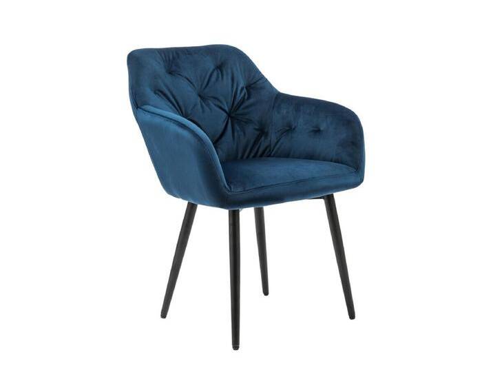 Armlehnstuhl blau, Samt, 100% Polyester, mit Knopfheftung, Stuhlbeine aus schwarzem Metall von Salesfever - Stuhl, Esszimmerstuhl, Polsterstuhl von allaround